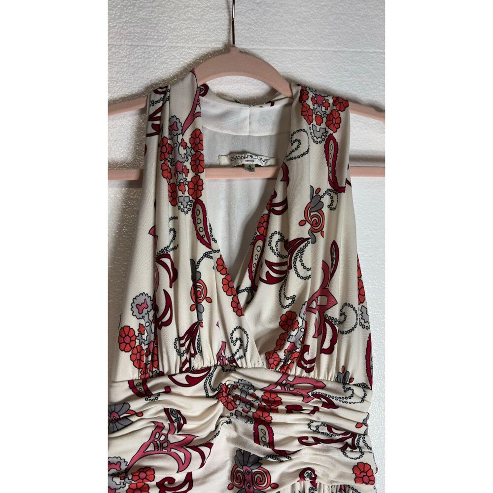 Evan Picone Draped Pleated Waist V-Neck Halter White Floral Paisley Dress Size 4 - Picture 4 of 12
